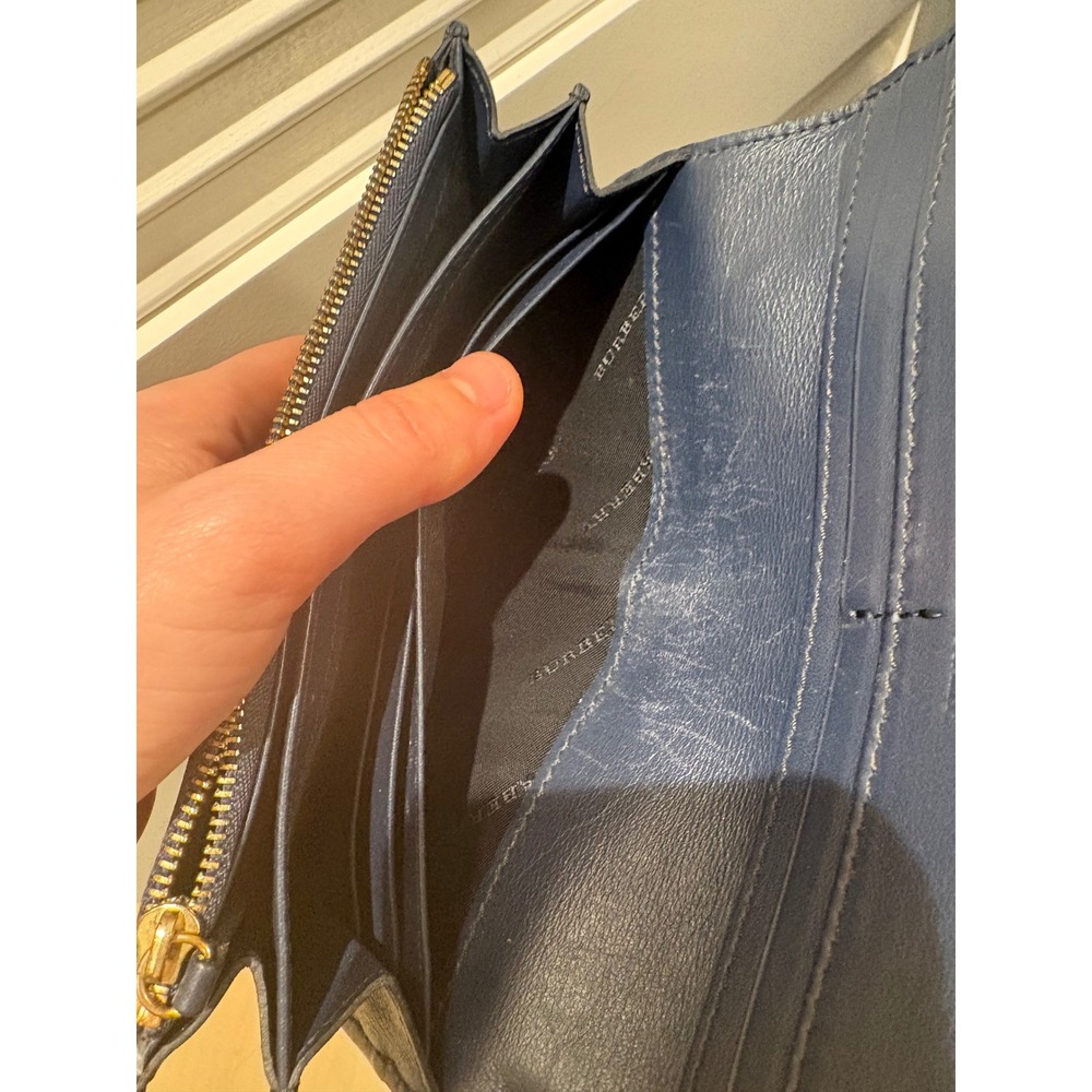 Burberry Navy Blue Pebbled Leather House Check Continental Long Wallet Italy - Picture 9 of 13